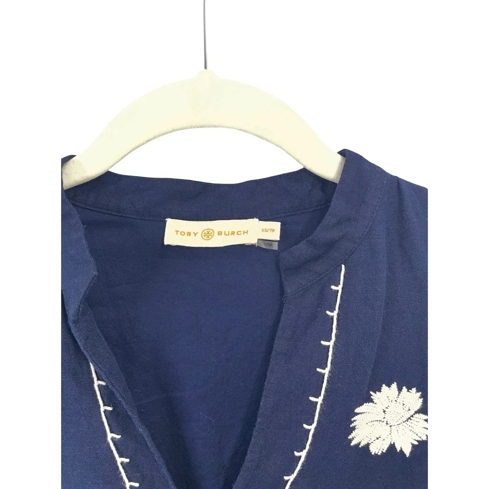 Tory Burch embroidered linen sleeveless mini dress Size XS navy blue